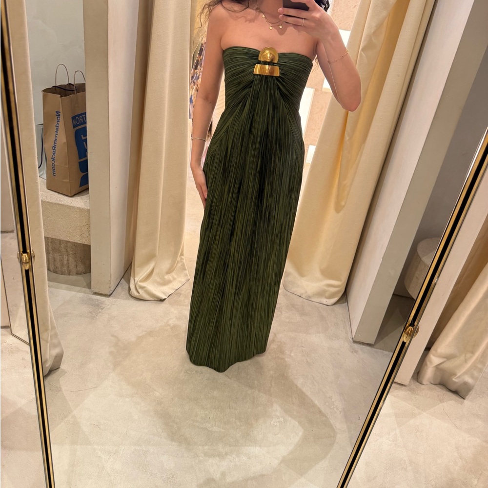 cult gaia Olive Green Strapless Pleated Maxi Dress with Gold Accent - Picture 4 of 4